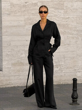 Forever 21 Waist Tie Long Sleeve Pants Set Black Blouse 2-Piece